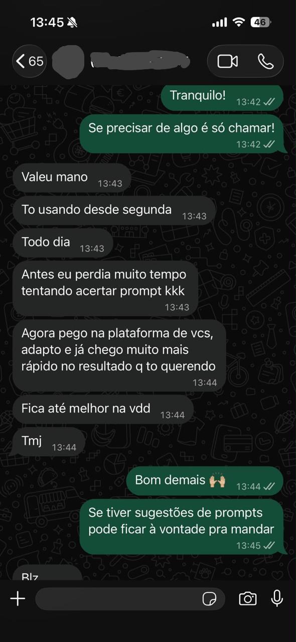 Conversa no WhatsApp com um assinante: “Finalmente uma plataforma pensada para quem trabalha com artista e evento”, “Antes eu fazia 10, 15 gerações para chegar em algo utilizável. Agora já começo muito mais perto do resultado”.